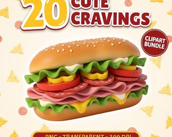 Cute Cravings – kawaii voedsel clipartbundel – fastfood png-afbeeldingen voor stickers, sublimatie en plannerontwerpen (digitale download)