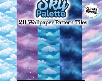 Hemelpalet – 20 naadloze hemelpatroontegels – Aquarelwolken, nachtelijke luchten en dromerige hemelse achtergronden (digitale download)