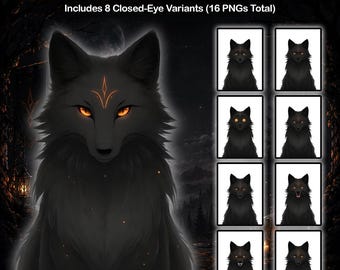 Felix the Fox PNGTuber-avatar – Dark Fantasy Fox PNGTuber met 8 expressies en 8 gesloten-ogen-varianten (digitale download)