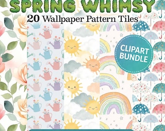 Spring Whimsy – naadloze patroonbundel – pastelkleurige lente-png-tegels voor stof, scrapbooking en sublimatie (digitale download)