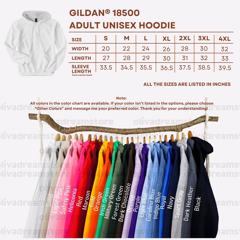 May include: A Gildan 18500 adult unisex hoodie size chart with width, length, and sleeve length measurements in inches. Below, a wooden branch displays a row of hoodies in various colors including white, pink, red, orange, green, blue, and black.