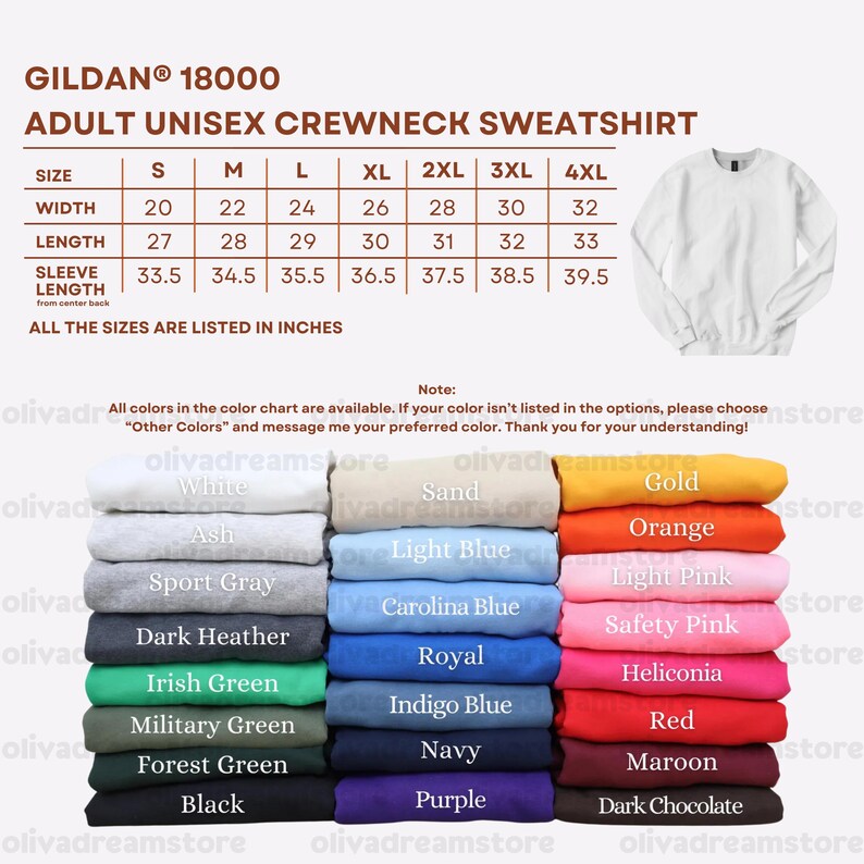 May include: A Gildan 18000 adult unisex crewneck sweatshirt size chart with measurements in inches, featuring a white sweatshirt image and a color palette display showing various folded fabric options including white, sand, gold, ash, light blue, orange, sport gray, carolina blue, light pink, dark heather, royal, safety pink, irish green, indigo blue, heliconia, military green, navy, red, forest green, purple, maroon, black, and dark chocolate.