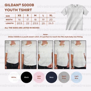 May include: A white Gildan 5000B youth t-shirt with size chart. Sizes range from XS to XL, with widths from 16 to 20 inches and lengths from 20.5 to 26.5 inches. Available in white, black, pink, navy, grey, and light blue.