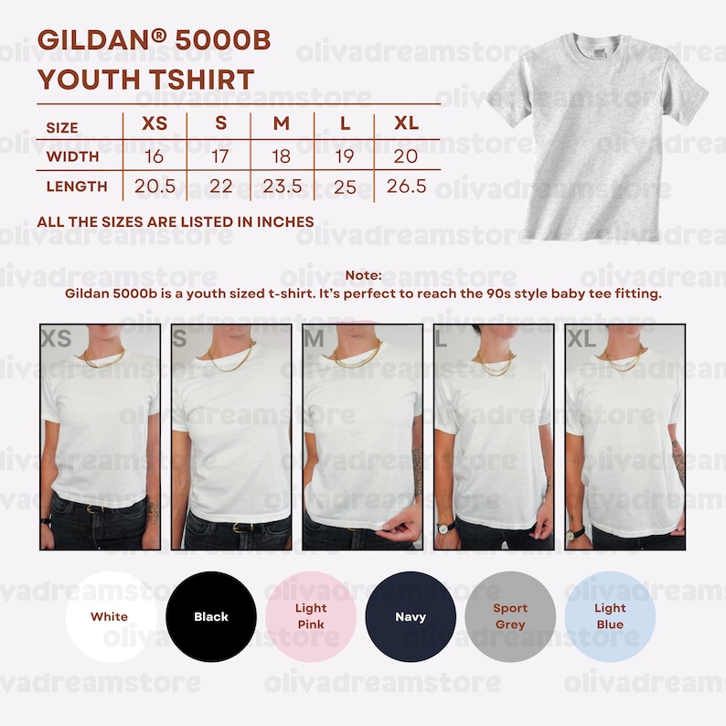 May include: A white Gildan 5000B youth t-shirt with size chart. Sizes range from XS to XL, with widths from 16 to 20 inches and lengths from 20.5 to 26.5 inches. Available in white, black, pink, navy, grey, and light blue.