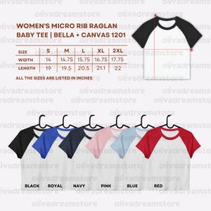 May include: A display of Women's Micro Rib Raglan Baby Tees in various colors, including black, royal blue, navy, pink, blue, and red. Size chart in inches is included. The shirts are on hangers.
