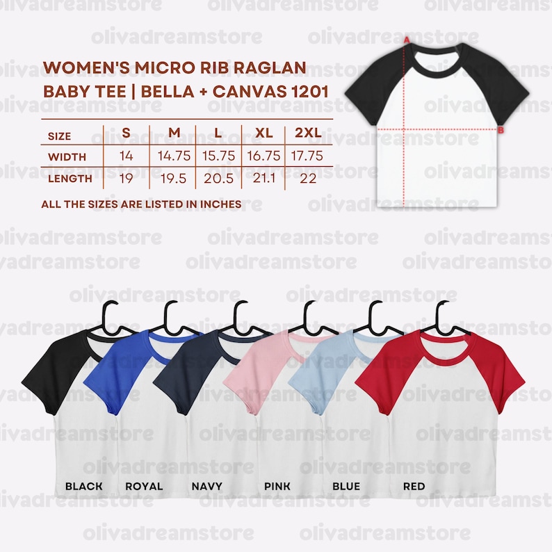 May include: A display of Women's Micro Rib Raglan Baby Tees in various colors, including black, royal blue, navy, pink, blue, and red. Size chart in inches is included. The shirts are on hangers.