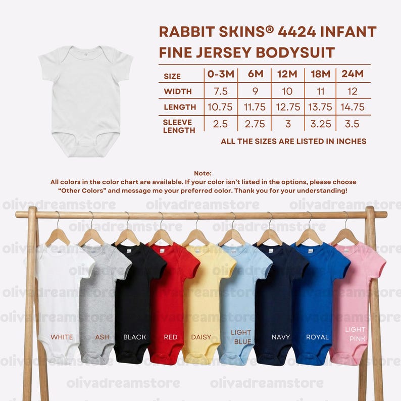 Puede incluir: Exhibici&oacute;n de bodies para beb&eacute;s en varios colores, incluyendo blanco, gris, negro, rojo, amarillo, azul claro, azul marino, azul real y rosa claro. La imagen incluye una tabla de tallas con medidas en pulgadas para tallas de 0-3M a 24M. El texto dice "RABBIT SKINS&reg; 4424 INFANT FINE JERSEY BODYSUIT."