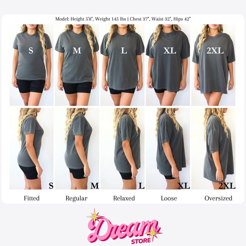 May include: A charcoal gray t-shirt shown in sizes S, M, L, XL, and 2XL, displayed from front and side angles. The image includes text labels for sizes and fits: Fitted, Regular, Relaxed, Loose, and Oversized, plus model measurements: Height 5'8", Weight 145 lbs, Chest 37", Waist 32", Hips 42".