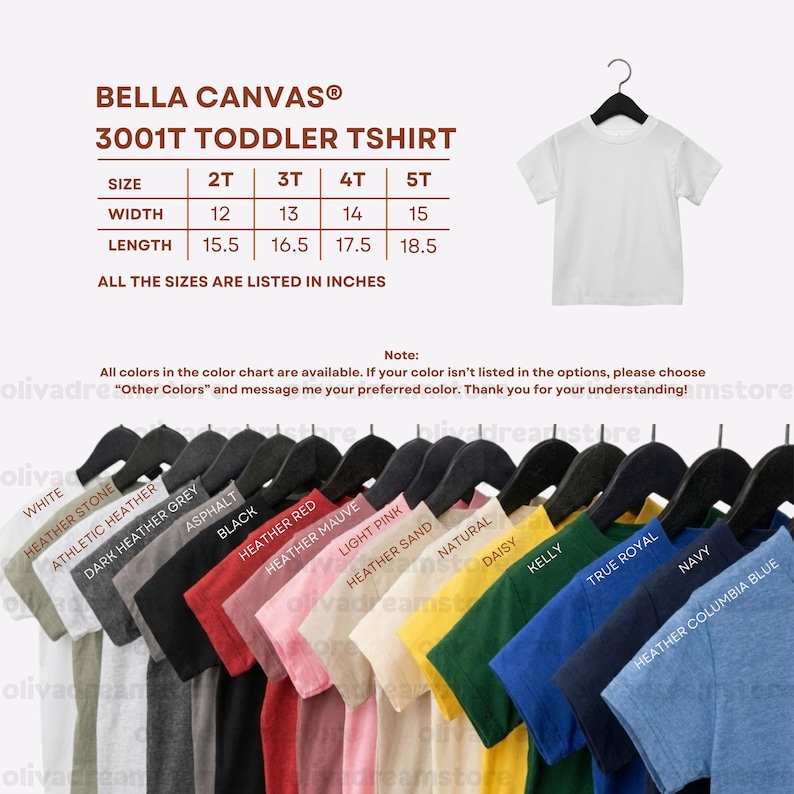 Puede incluir: Una camiseta blanca para ni&ntilde;os peque&ntilde;os colgada de una percha negra. La imagen incluye una carta de colores con varios colores de camisetas y una tabla de tallas en pulgadas para las tallas 2T a 5T. El texto dice "BELLA CANVAS 3001T TODDLER TSHIRT."