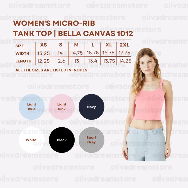 May include: A pink micro-rib tank top, part of the Bella Canvas 1012 collection, with a model wearing the top. The image includes a size chart with measurements in inches and color options: light blue, light pink, navy, white, black, and sport grey.