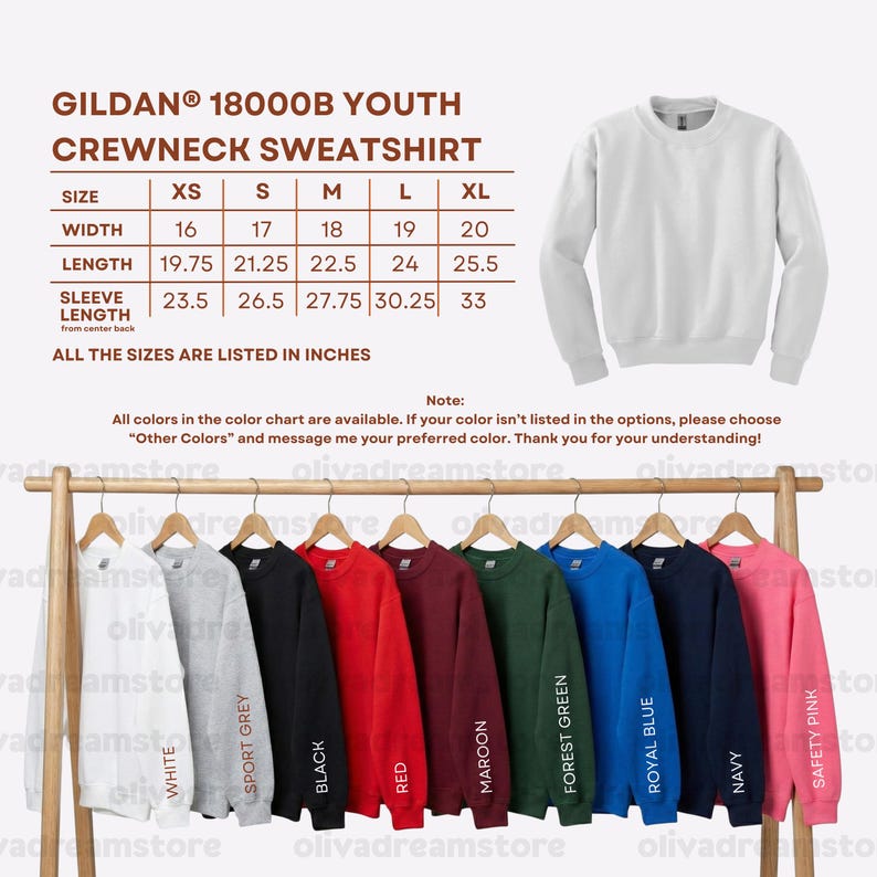 Puede incluir: Sudadera de cuello redondo juvenil Gildan 18000B blanca. La imagen tambi&eacute;n muestra una tabla de tallas con medidas en pulgadas y una carta de colores con opciones como blanco, gris deportivo, negro, rojo, granate, verde bosque, azul real, marino y rosa de seguridad.