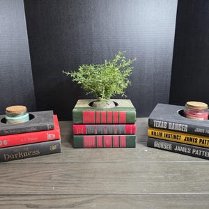 May include: Three stacks of hollowed-out hardcover books used as decorative holders. The left stack features black and red spines, the center stack has green and red spines with a small plant, and the right stack has black and yellow spines.