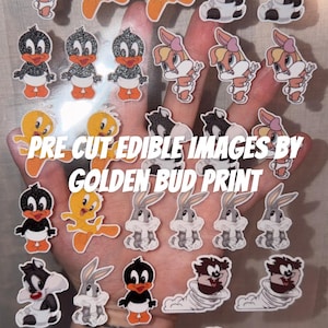 May include: Pre-cut edible images featuring cartoon characters like Bugs Bunny, Daffy Duck, and Tweety Bird. The images are arranged on a clear sheet, with the text "PRE CUT EDIBLE IMAGES BY GOLDEN BUD PRINT".