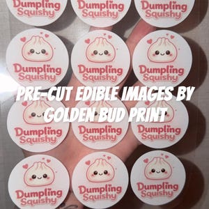 May include: A sheet of eleven circular pre-cut edible images featuring a cartoon dumpling with a smiling face and pink hearts. The text "Dumpling Squishy" is printed in pink below each dumpling. The sheet also displays the text "PRE-CUT EDIBLE IMAGES BY GOLDEN BUD PRINT".
