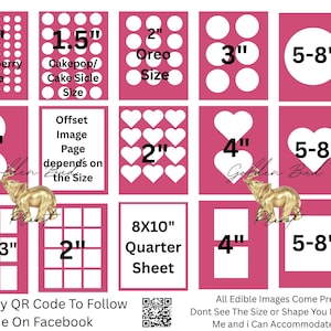 May include: A pink grid displays various sizes and shapes for edible images, including circles, hearts, and squares, with measurements in inches. Text includes "Strawberry Size," "Cakepop/Cake Sicle Size," and "Oreo Size." The image also features a golden elephant statue.