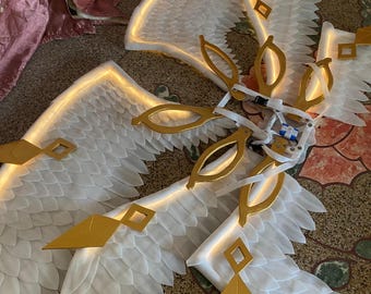 Light Up LED Angel Wings Costume – White Gold Feather Fantasy Cosplay (5ft)