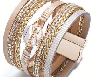 1pc Fashionable Zinc Alloy & Pu Leather Bracelet With White Magnetic Clasp For Women's Everyday Wear