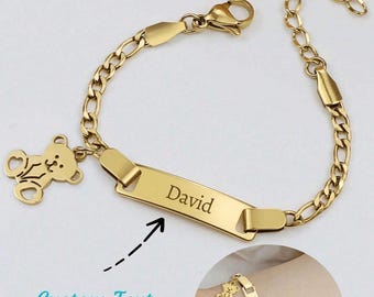 Personalized Teddy Bear Bracelet Custom Engraved Name Date Stainless Steel Adjustable Gift for Kids Teens