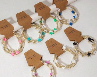 4PCS Handmade Boho Cross Bracelet Set – Gold Beaded Polymer Clay Stackable Friendship Bracelets for Women