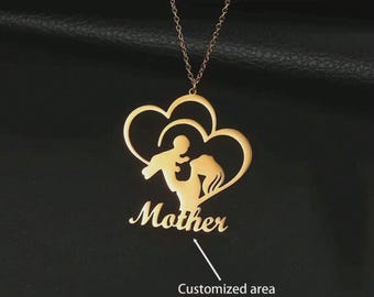 Personalized Stainless Steel Mother Holding A Pendant Necklace, Customizable Mother's Name Necklace, Mother's Day Gift.