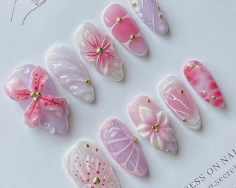 10pcs Ombre Almond Press-On Nails – 3D Flower, Butterfly & Rhinestone Glam