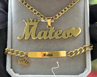 Personalized Name Jewelry Set Crown Pendant Necklace Bracelet Stainless Steel Custom Engraved Gift