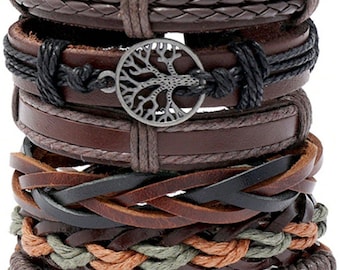 Men Leather Bracelet Set 6PCS Vintage Braided Handmade Wristbands Peace Tree Charm Adjustable Boho Jewelry Gift