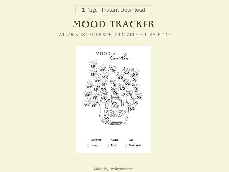 Bee Mood Tracker Printable | Monthly Emotion Journal PDF | A4 A5 US ...
