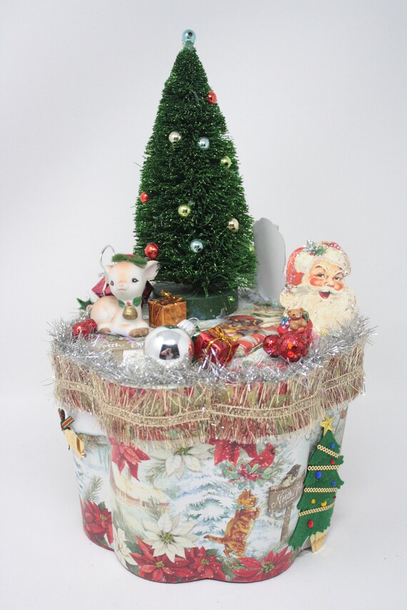 Christmas Gift Box Vintage Baby Deer Green Sisal Decorated Etsy