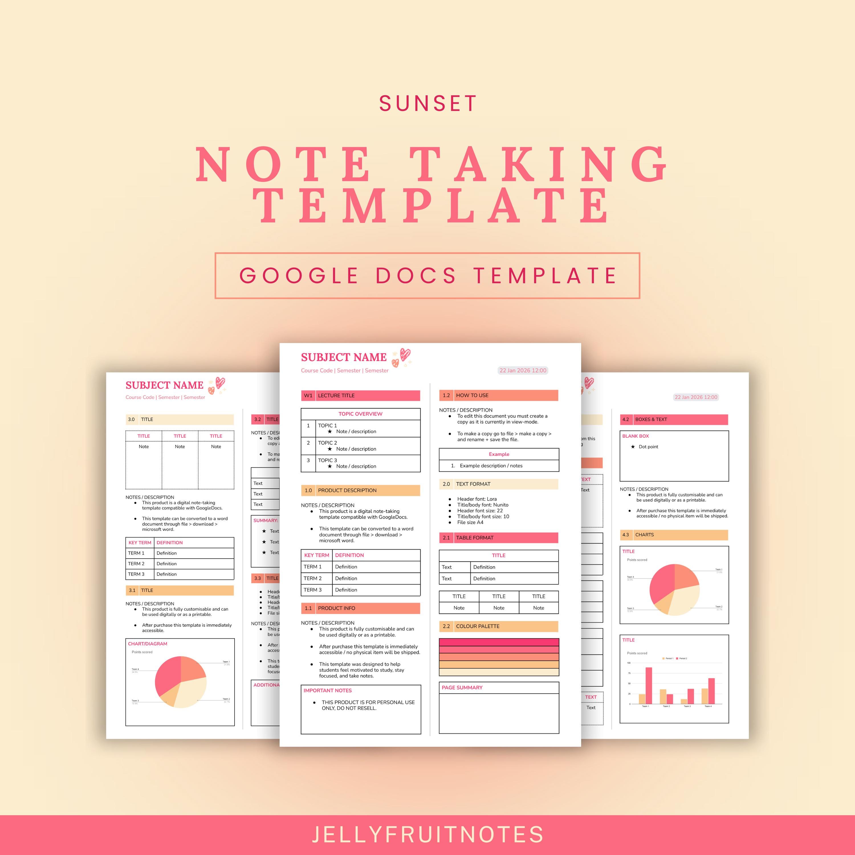 Academic Student Note Taking Google Docs Template - Sunset - Etsy Australia