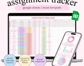 Könnte beinhalten: Ein rosa Aufgaben-Tracker-Template, das auf einem Laptop und Smartphone angezeigt wird. Der Laptop zeigt eine Tabelle mit Aufgaben an. Das Smartphone zeigt Diagramme. Der Text enthält "Assignment Tracker" und "smart calendar".