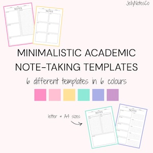 Könnte beinhalten: Minimalistische akademische Notizvorlagen in sechs Farben. Das Bild zeigt zwei Vorlagen mit dem Wort „NOTES“ oben und dem Text „MINIMALISTIC ACADEMIC NOTE-TAKING TEMPLATES“ und „6 different templates in 6 colours“. Die Vorlagen sind in den Größen Letter und A4 erhältlich.