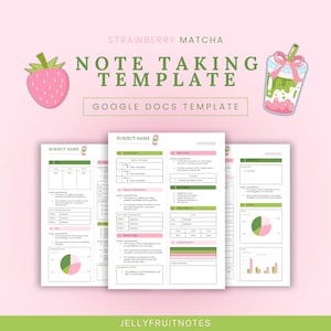 May include: A pink and green note-taking template for Google Docs. The template includes sections for subject name, topic overview, product description, and color palette. The design features a strawberry and a matcha drink illustration.