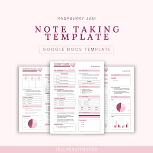 Op de afbeelding: Een digitale notitie-sjabloon met een roze en wit ontwerp. De sjabloon bevat secties voor onderwerpnaam, onderwerpoverzicht en tekstindeling. De tekst "Note Taking Template" wordt in een groot, gestileerd lettertype weergegeven.