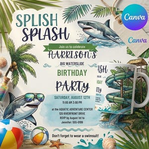 Shark Pool Party Birthday Invitation, Waterslide Summer Invite, Kids Sibling Birthday Canva Editable Template, Ocean Theme Digital Invite