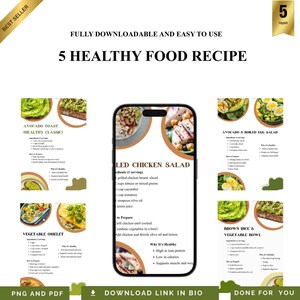Puede incluir: Una guía de recetas digital titulada "5 Healthy Food Recipe" con imágenes de tostadas de aguacate, ensalada de pollo y tortilla de verduras. La guía es descargable y fácil de usar, con una insignia de "Best Seller".