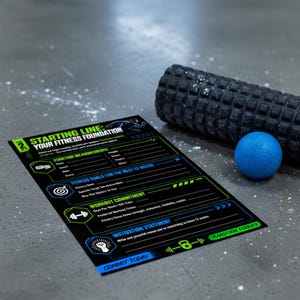 May include: A fitness-themed image featuring a black and green workout planner with the text "STARTING LINE: YOUR FITNESS FOUNDATION". A black foam roller and a blue ball are also in the image. The text "COMMIT TODAY" is visible.