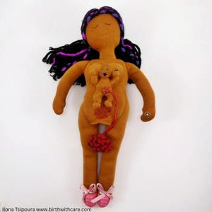 Könnte beinhalten: Handgefertigte Filzpuppe, die eine menschliche Figur mit sichtbaren inneren Organen darstellt. Die Puppe hat braune Haut, schwarzes und lila Haar und trägt rosa Ballettschuhe. Zu den inneren Organen gehören ein Baby, ein rotes Organ und eine rote Nabelschnur.