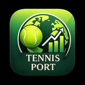 Op de afbeelding: Een groen app-pictogram met een tennisbal, een wereldkaart en een stijgende grafiek. De tekst "TENNIS PORT" staat in witte letters onderaan. De achtergrond is een groen verloop.