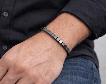 Mens Hematite Cube Bead Bracelet | Healing Beaded Square Shaped | Minimal Stretch Bracelet | Unisex Gift