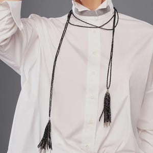 Black Crystal Sautoir - Tassel Beaded Necklace, Monili Fringe, Long Layered, Statement Evening Wear