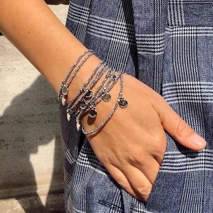 Crystal Hematite Bead Wrap Necklace, Silver Coin Boho Bracelet
