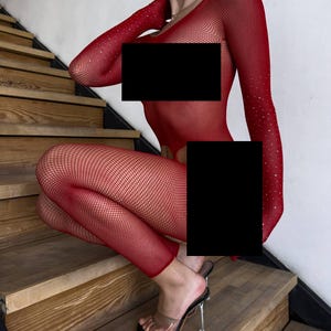 Body rojo, body de malla transparente, tejido elástico, silueta que moldea el cuerpo, traje de cuerpo completo elástico, ropa de dormir atrevida