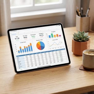 Può includere: Un tablet che mostra una dashboard di fogli di calcolo digitali con varie visualizzazioni di dati, inclusi grafici a barre, un grafico a torta e un grafico a linee. Lo schermo mostra metriche finanziarie e tendenze di crescita.