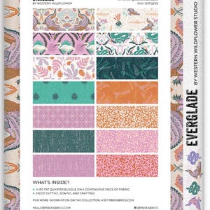 May include: A 14-piece fat quarter fabric bundle titled Everglade by Western Wildflower. The collection features various patterns including birds, snakes, ferns, and animal prints in shades of pink, green, orange, and teal, presented on a white card.