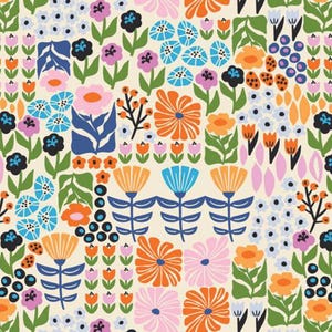 以下が含まれることがあります： クリーム色の背景に、オレンジ、ピンク、青、紫の色合いで描かれた、様々な様式化された花が特徴のカラフルな花柄。 チューリップ、デイジー、その他の抽象的な花の要素が含まれており、活気に満ちた陽気な美学を作り出しています。