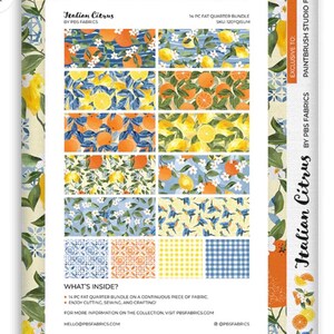 May include: A 14-piece fat quarter fabric bundle titled Italian Citrus by PBS Fabrics. The collection features various patterns of oranges, lemons, white blossoms, blue tiles, and yellow gingham prints on a light background with text details.