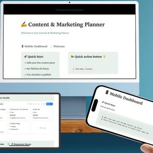 May include: A desktop computer, tablet, and smartphone displaying a content and marketing planner interface. The desktop screen shows the title "Content & Marketing Planner" and options for a quick start and quick action. The tablet displays engagement health data, and the phone shows a mobile dashboard.