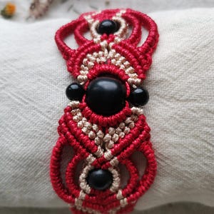 Handmade Adjustable Macramé Bracelet – Tiger Eye Pattern – Red– Sold Individually image 2