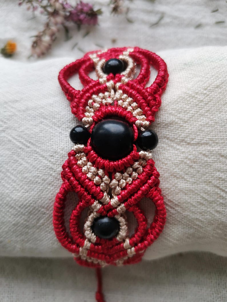 Handmade Adjustable Macramé Bracelet – Tiger Eye Pattern – Red– Sold Individually image 2